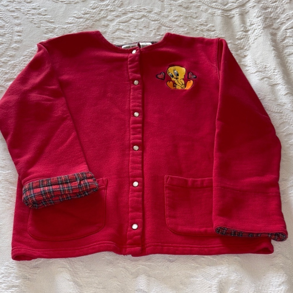 Vintage Red Plaid Embroidered Tweety Bird Fleece Button Down Top M Cotton